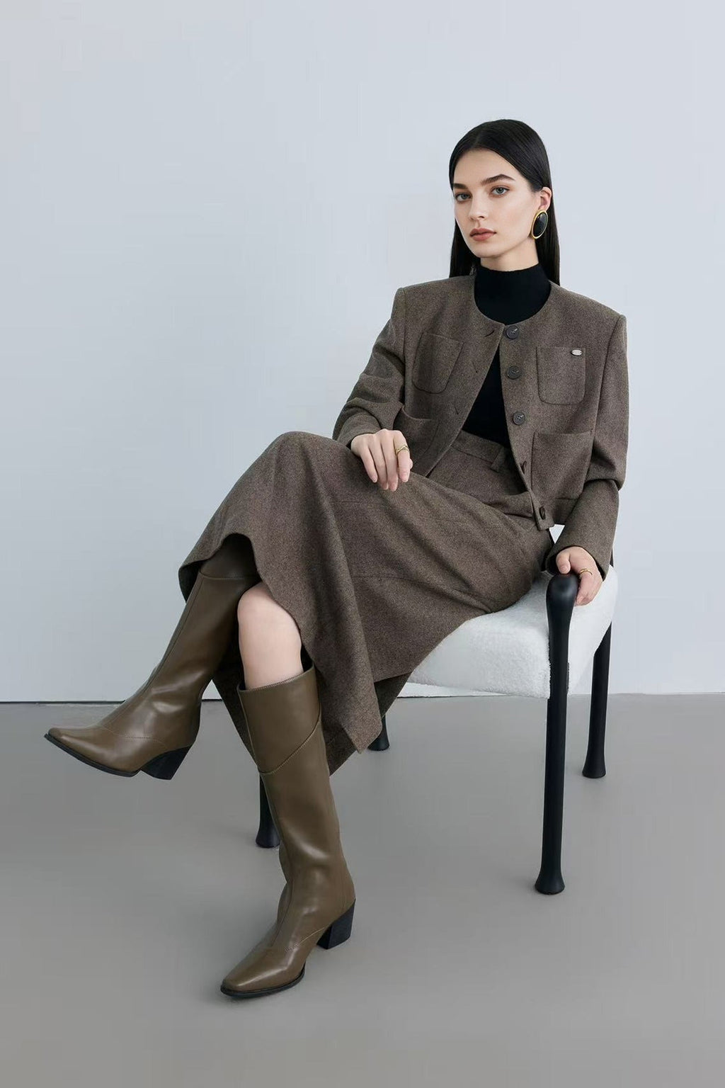 Tailored Herringbone Cashmere-Wool Column Midi Skirt