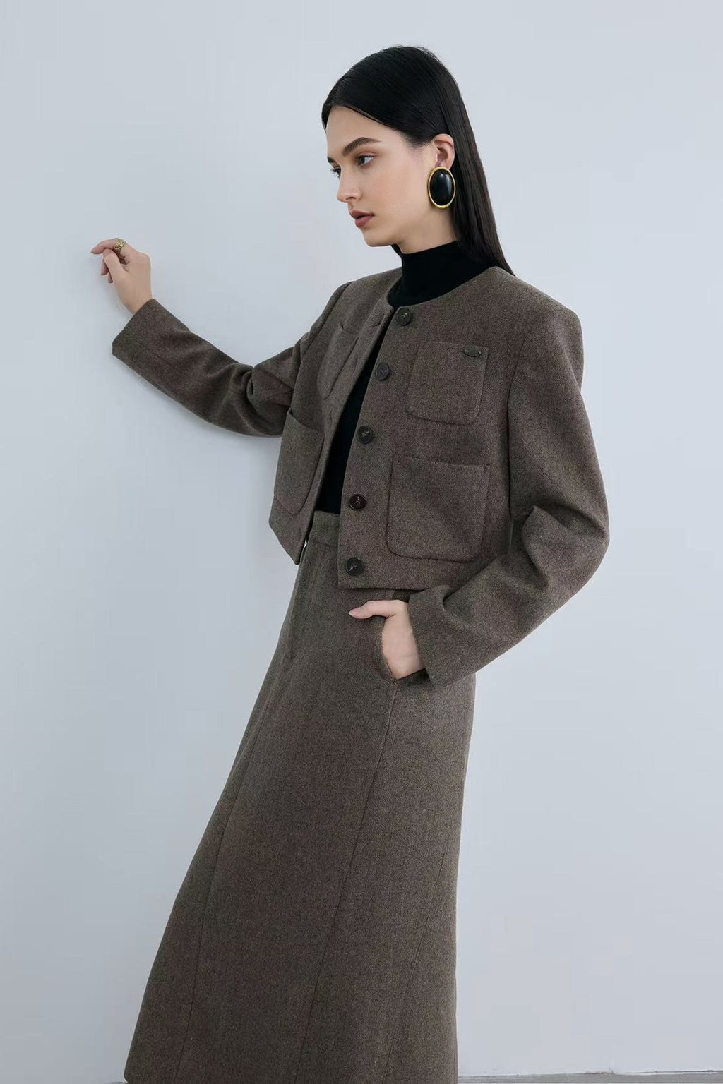 Tailored Herringbone Cashmere-Wool Column Midi Skirt