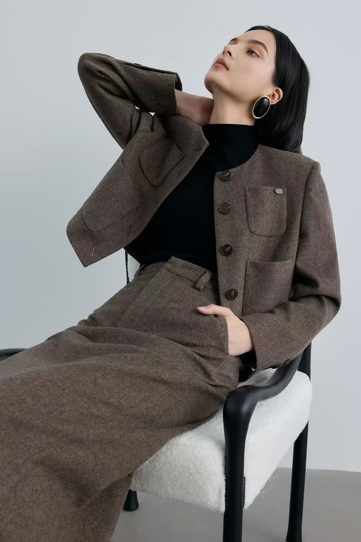 Tailored Herringbone Cashmere-Wool Column Midi Skirt