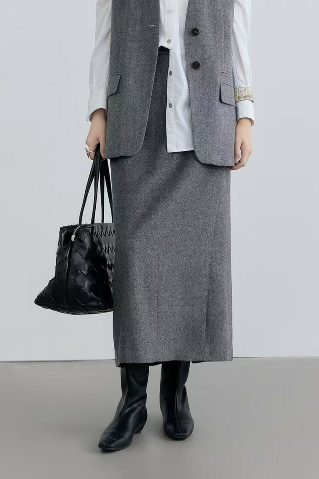Tailored Herringbone Cashmere-Wool Column Midi Skirt