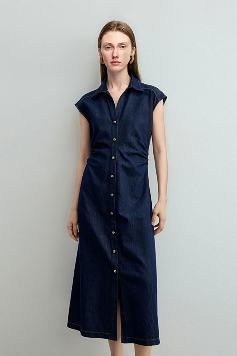 Tencel Denim Cap-Sleeve Button-Up Midi Shirt Dress with Ruched Waist