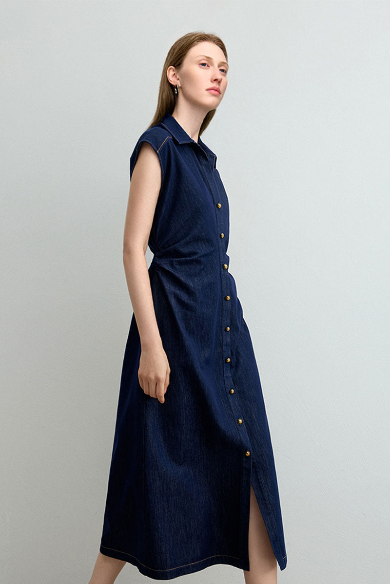 Tencel Denim Cap-Sleeve Button-Up Midi Shirt Dress with Ruched Waist