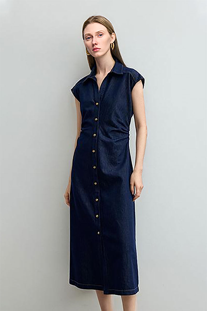 Tencel Denim Cap-Sleeve Button-Up Midi Shirt Dress with Ruched Waist