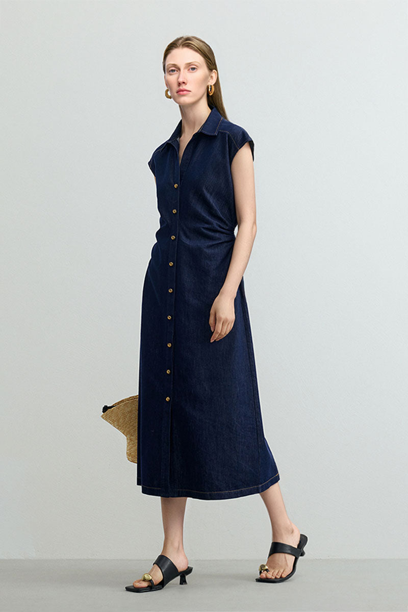 Tencel Denim Cap-Sleeve Button-Up Midi Shirt Dress with Ruched Waist