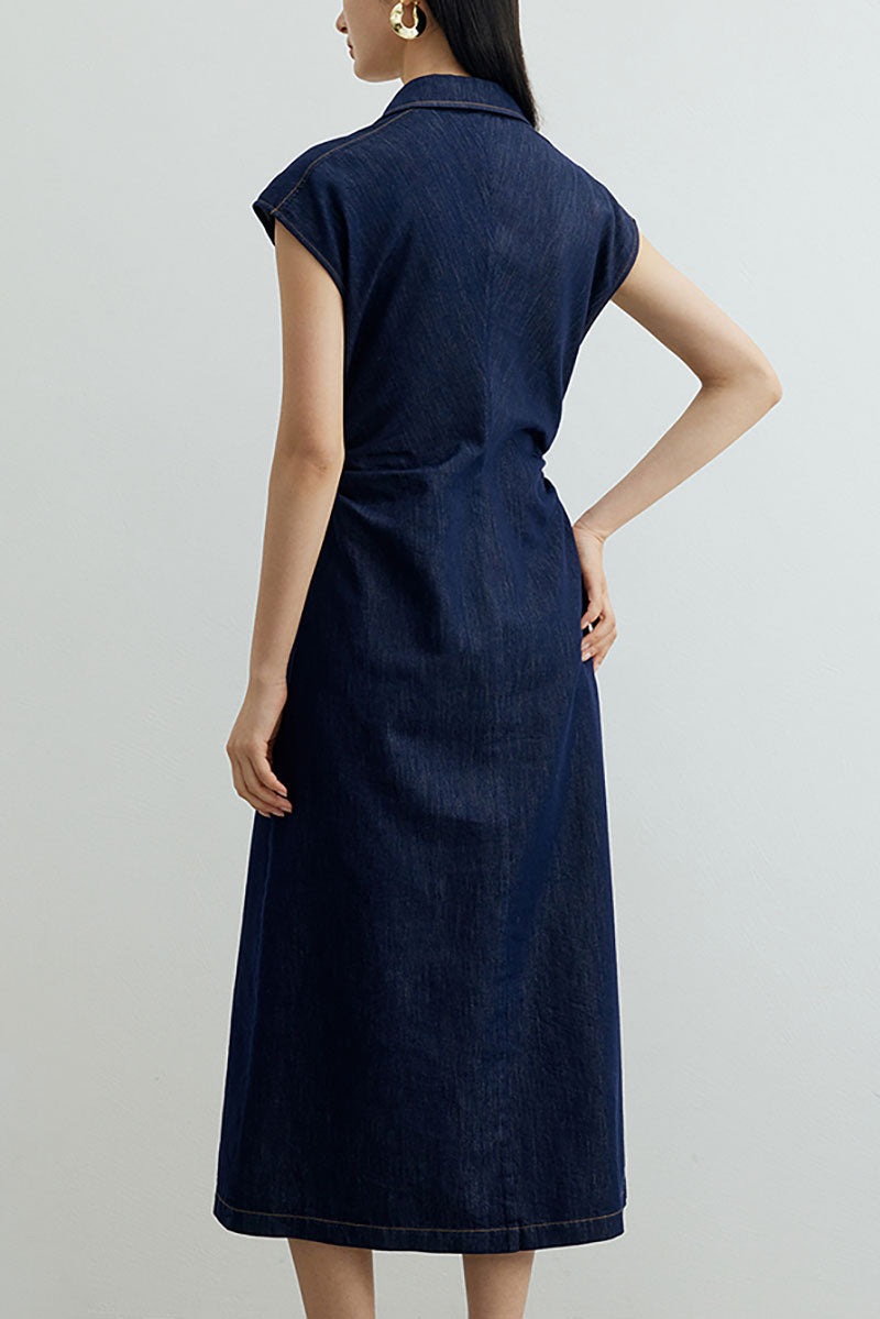 Tencel Denim Cap-Sleeve Button-Up Midi Shirt Dress with Ruched Waist