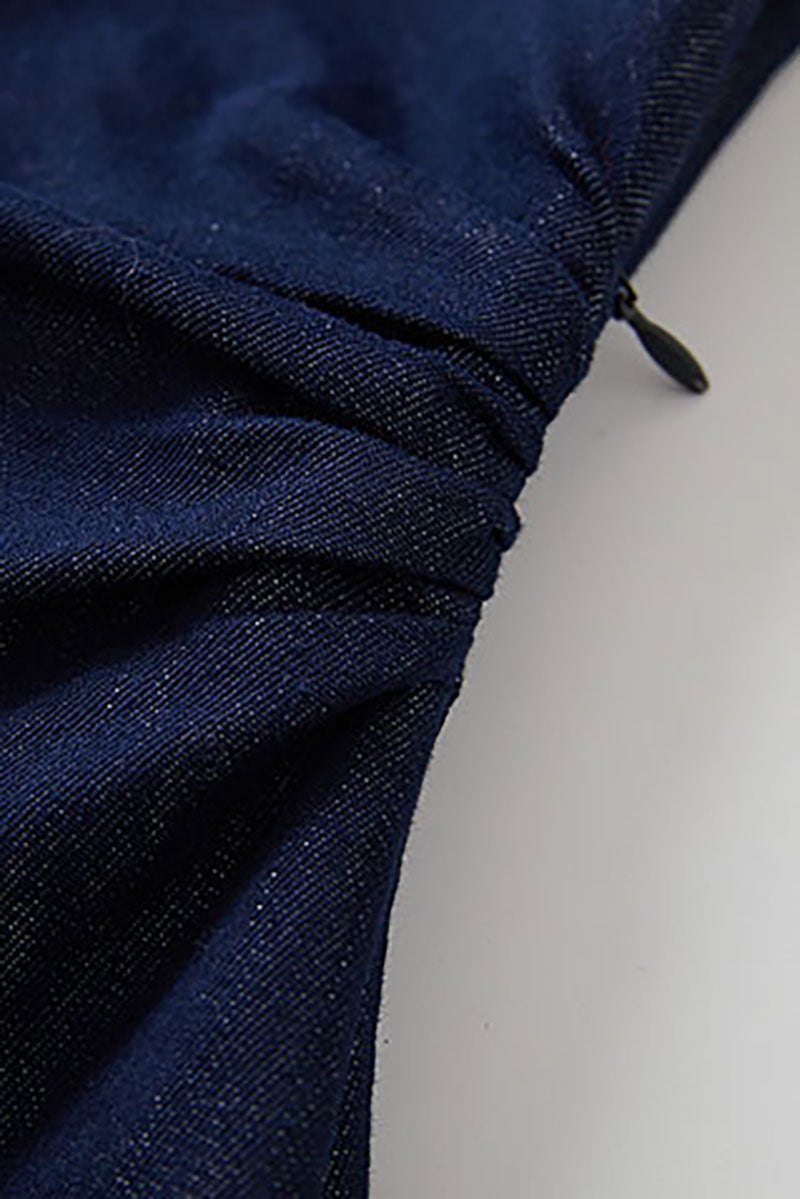 Tencel Denim Cap-Sleeve Button-Up Midi Shirt Dress with Ruched Waist