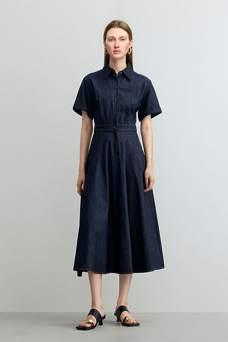 Tencel Denim Short-Sleeve Button-Up Midi Shirt Dress
