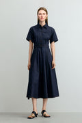 Tencel Denim Short-Sleeve Button-Up Midi Shirt Dress