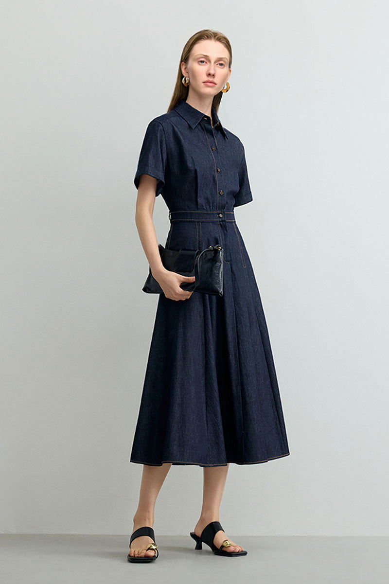 Tencel Denim Short-Sleeve Button-Up Midi Shirt Dress