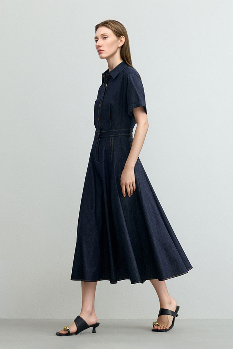 Tencel Denim Short-Sleeve Button-Up Midi Shirt Dress