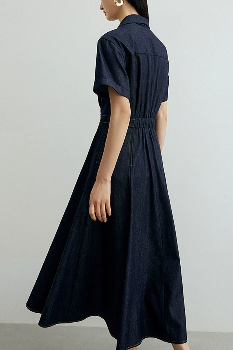 Tencel Denim Short-Sleeve Button-Up Midi Shirt Dress