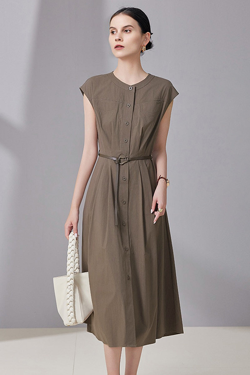 Yellow V-Neck Belted Shirt Dress
