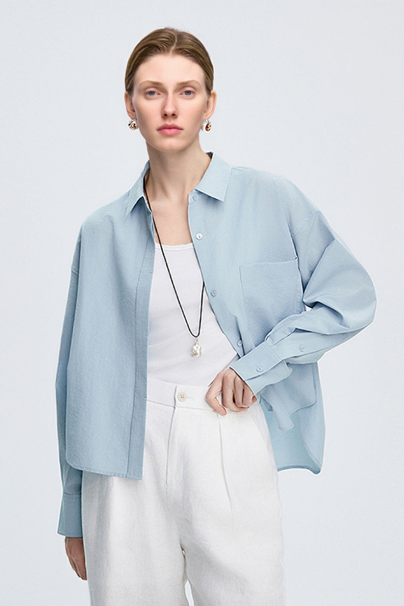Textured Boxy Long-Sleeve Button-Down Shirt with High-Low Hem