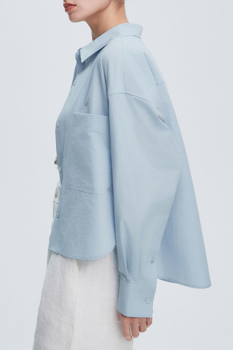 Textured Boxy Long-Sleeve Button-Down Shirt with High-Low Hem