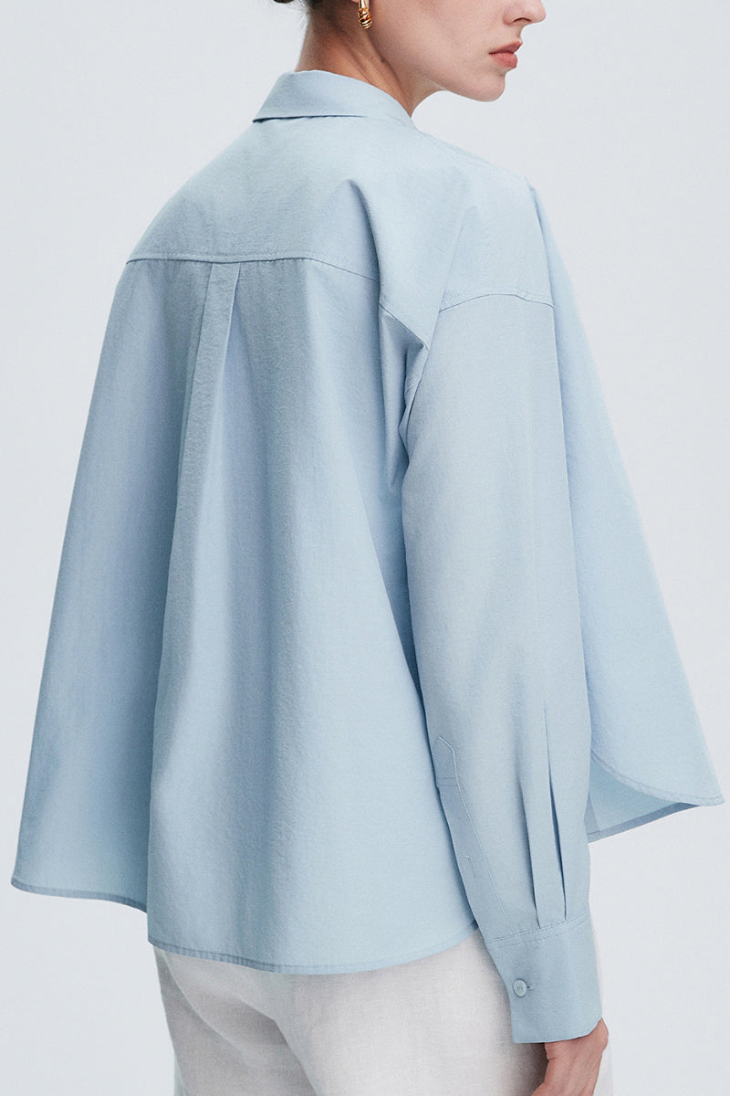 Textured Boxy Long-Sleeve Button-Down Shirt with High-Low Hem