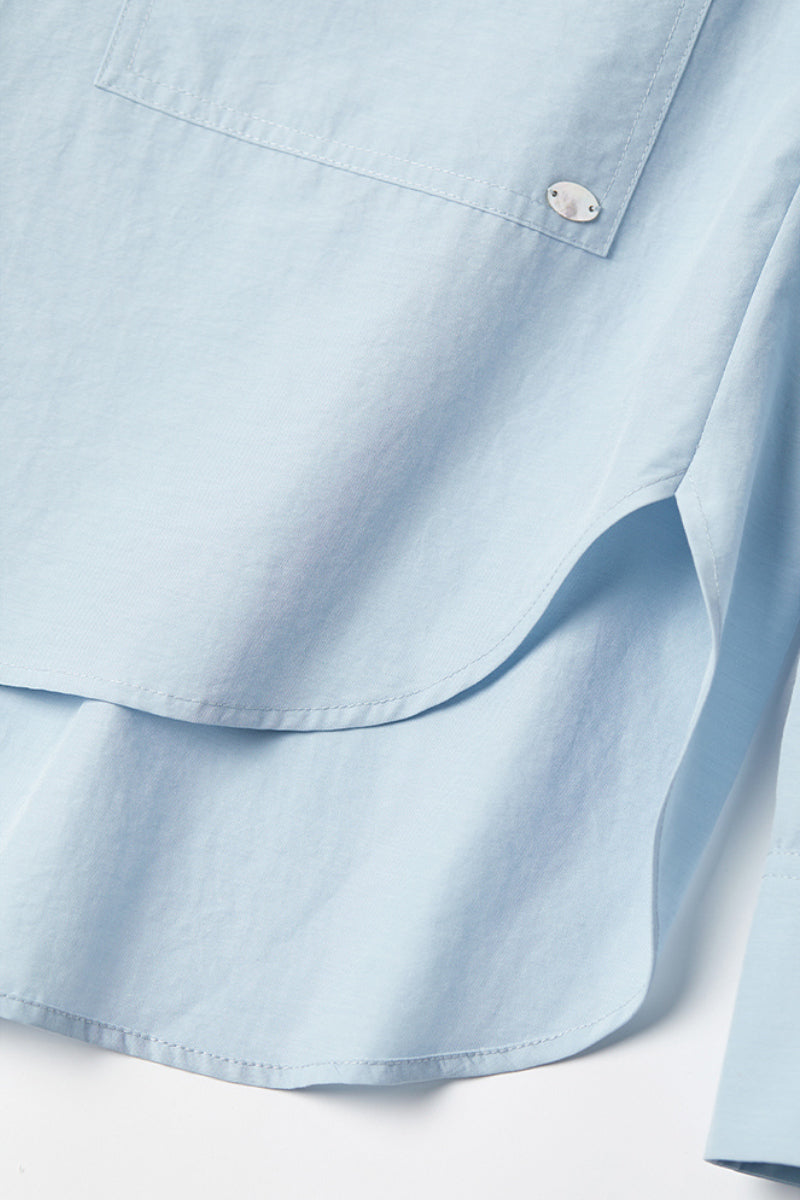 Textured Boxy Long-Sleeve Button-Down Shirt with High-Low Hem
