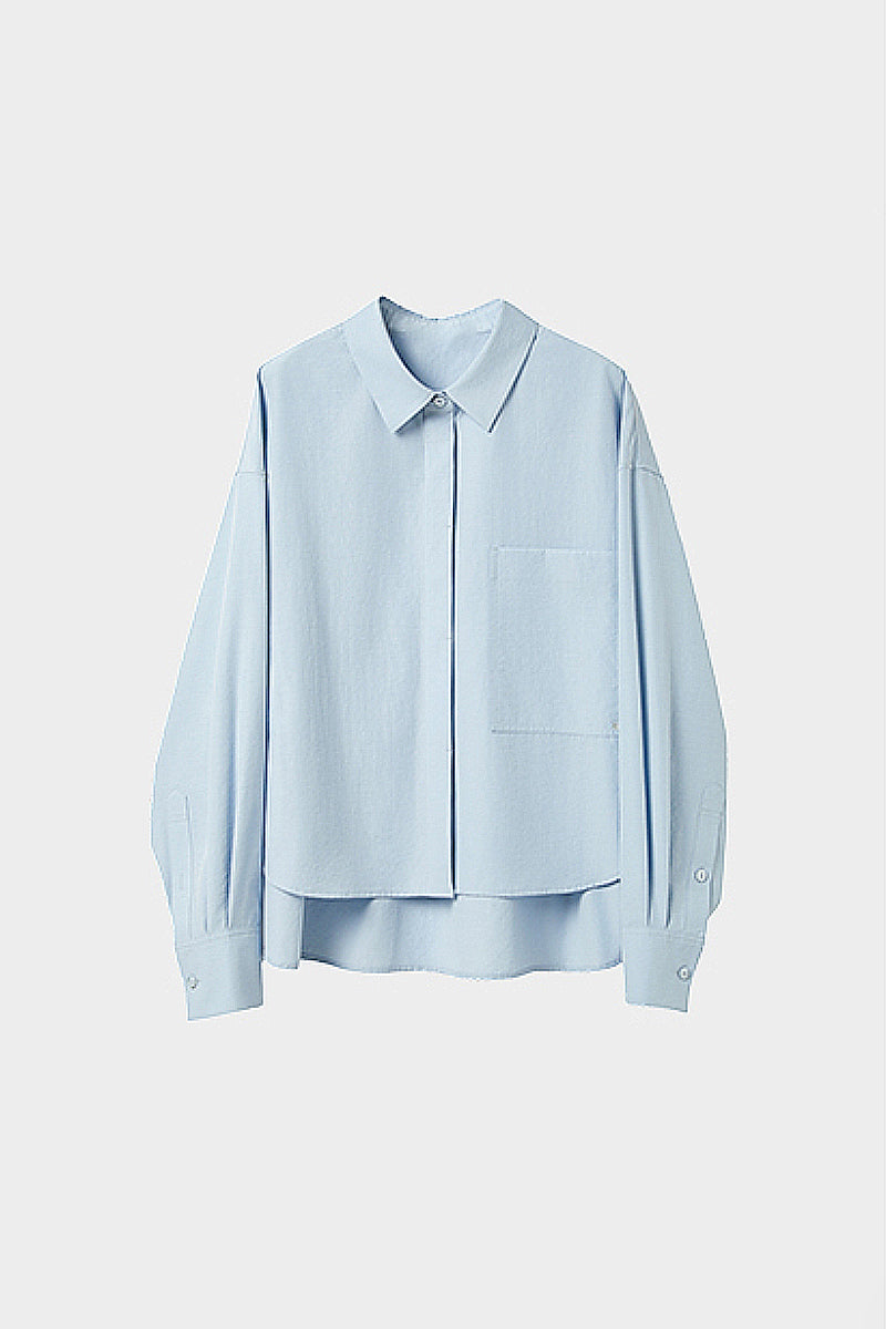 Textured Boxy Long-Sleeve Button-Down Shirt with High-Low Hem
