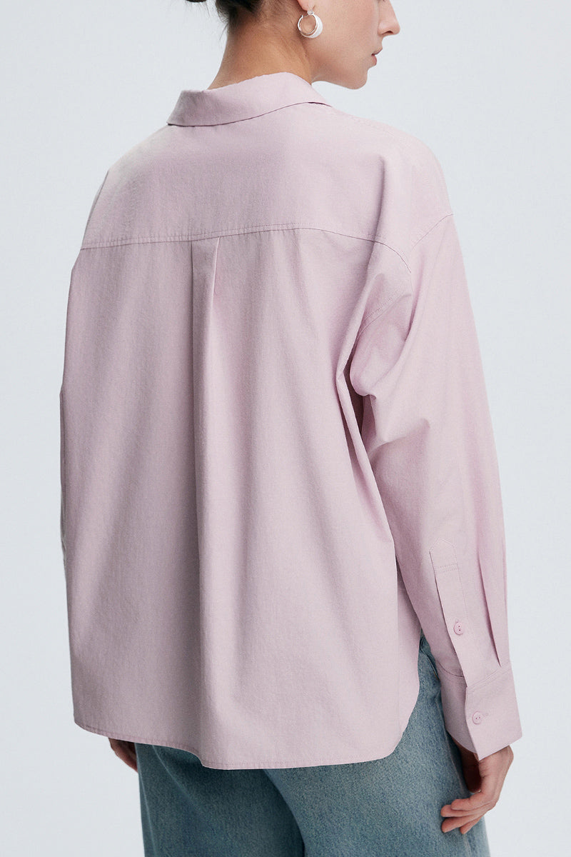 Textured Boxy Long-Sleeve Button-Down Shirt with High-Low Hem