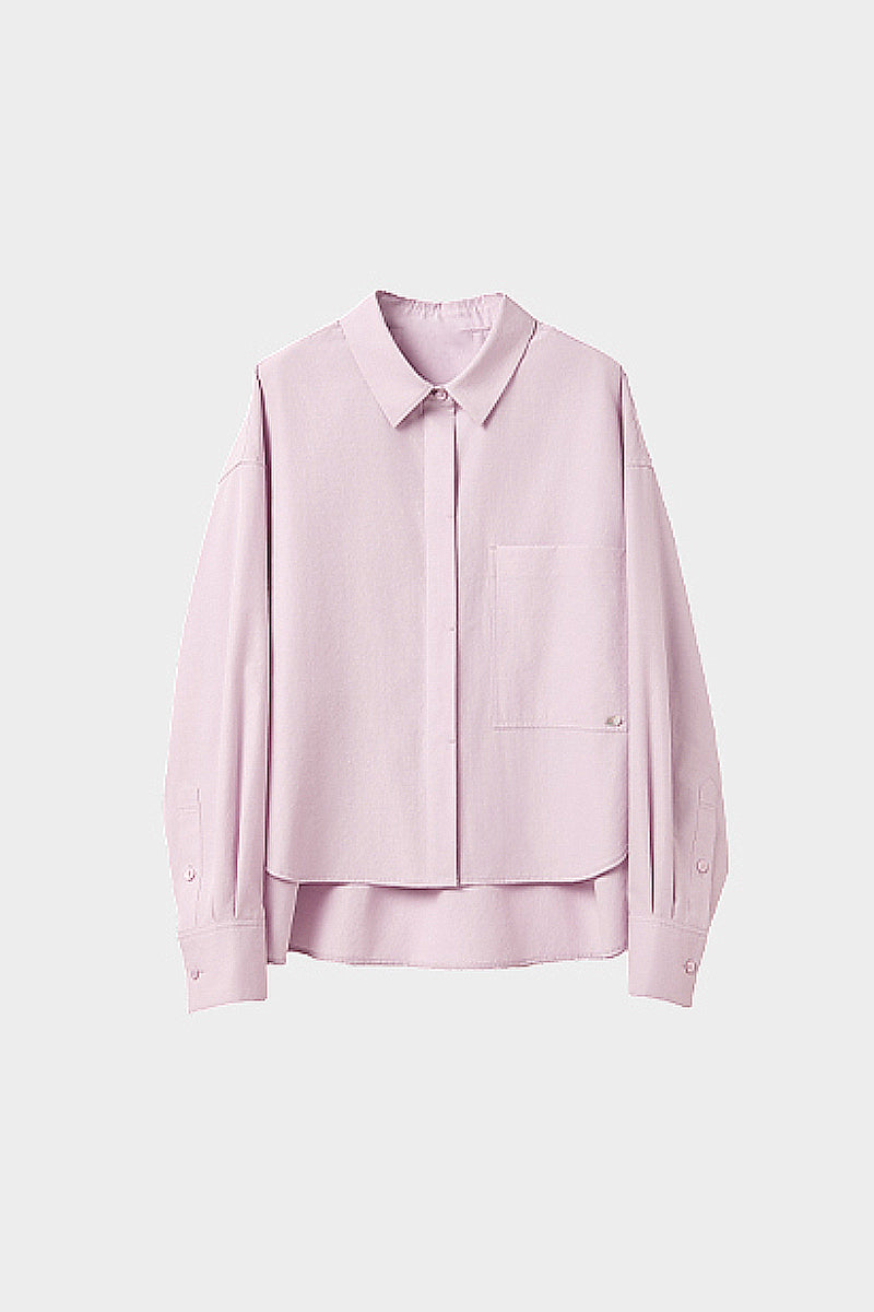 Textured Boxy Long-Sleeve Button-Down Shirt with High-Low Hem
