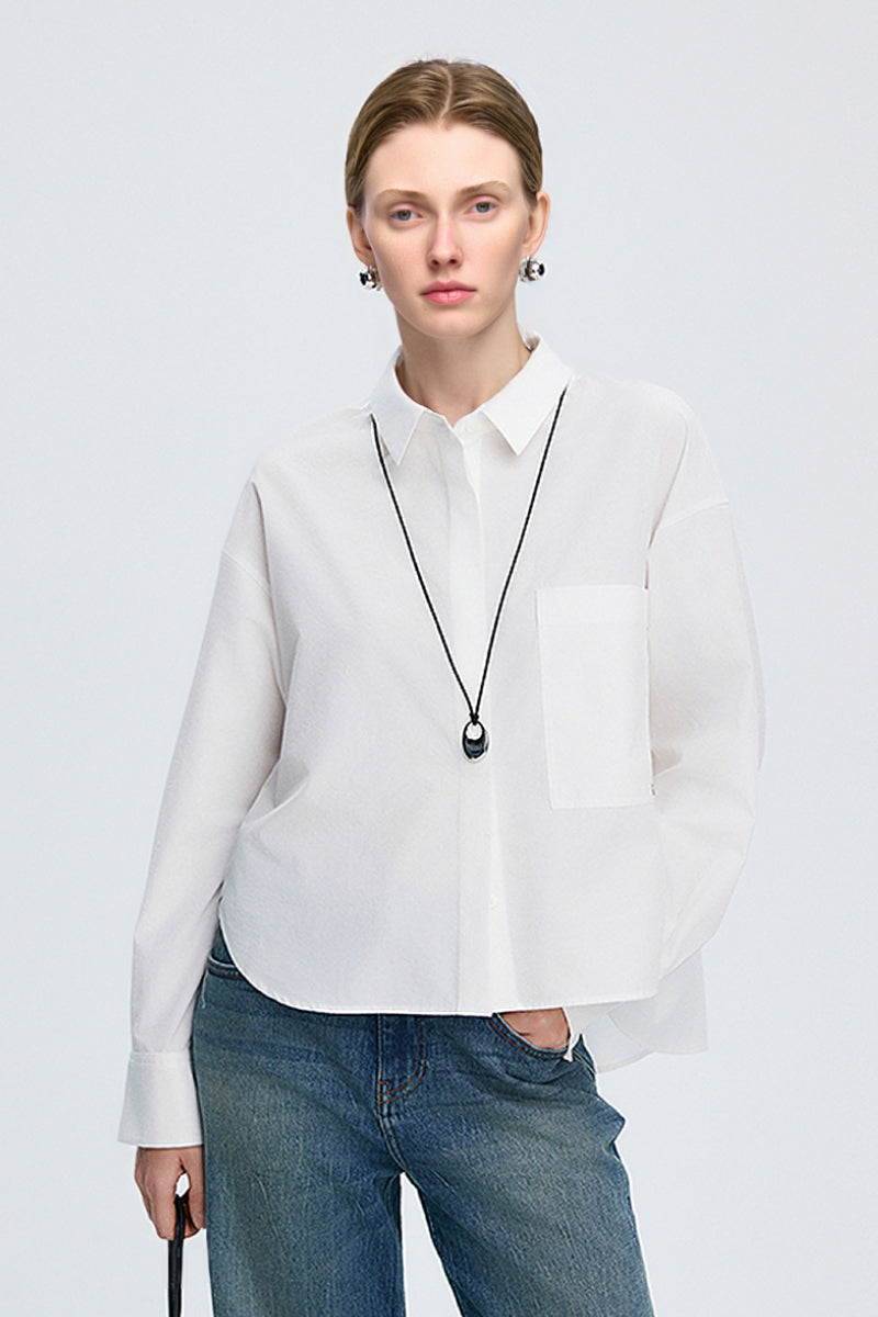 Textured Boxy Long-Sleeve Button-Down Shirt with High-Low Hem