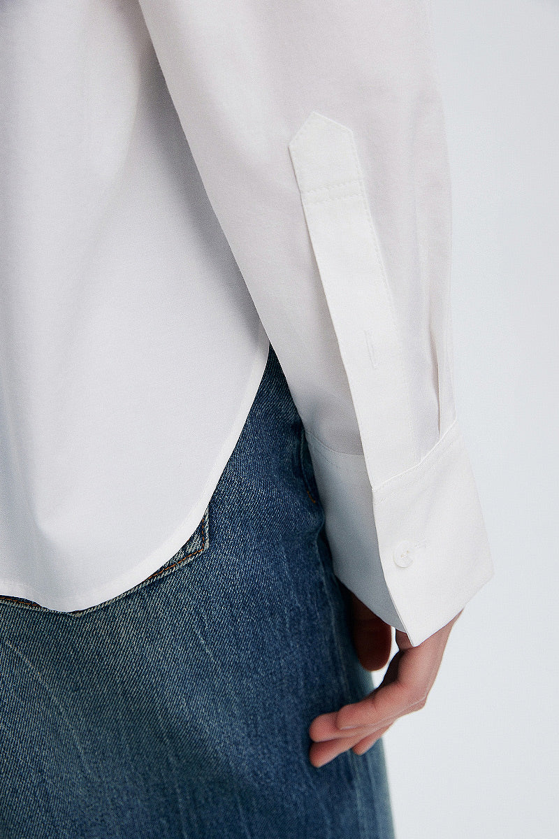 Textured Boxy Long-Sleeve Button-Down Shirt with High-Low Hem