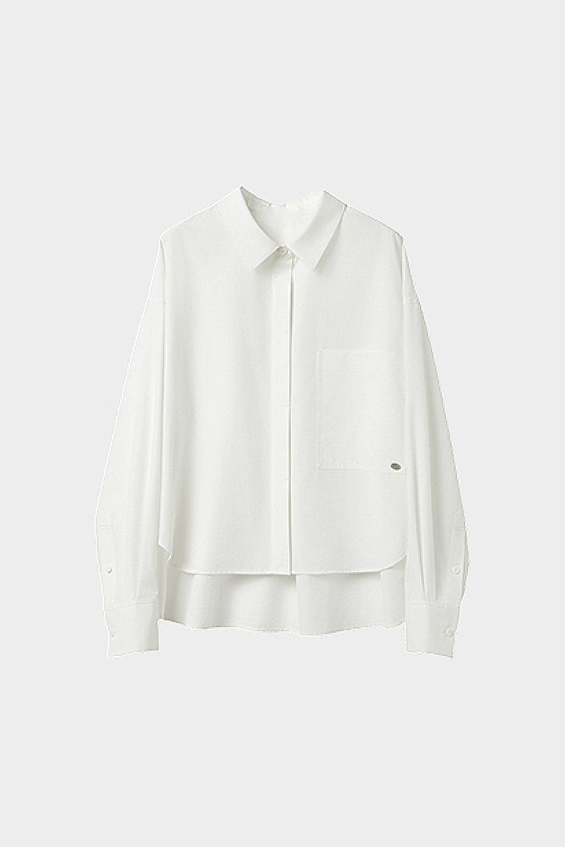 Textured Boxy Long-Sleeve Button-Down Shirt with High-Low Hem