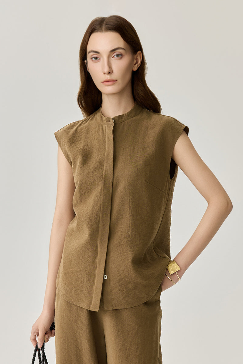 Textured Mulberry Silk Sleeveless Button-Down Shirt with Mandarin Collar
