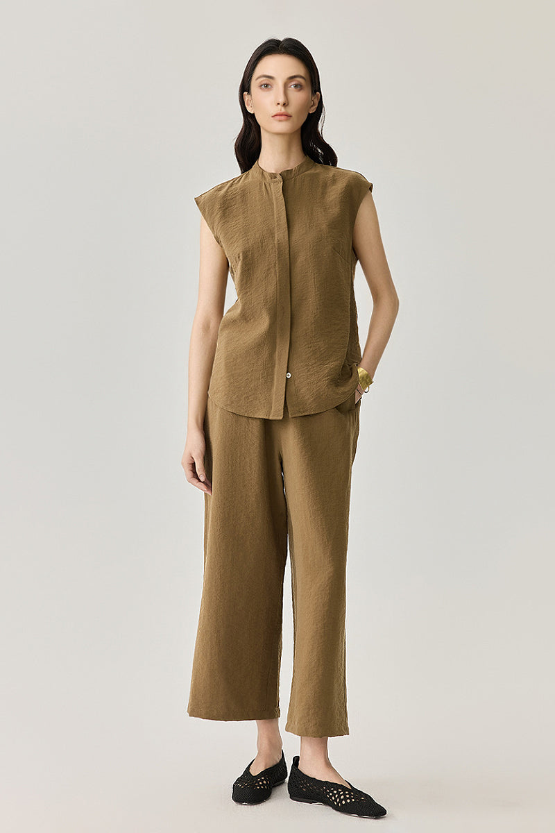 Textured Mulberry Silk Sleeveless Button-Down Shirt with Mandarin Collar