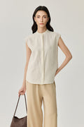 Textured Mulberry Silk Sleeveless Button-Down Shirt with Mandarin Collar