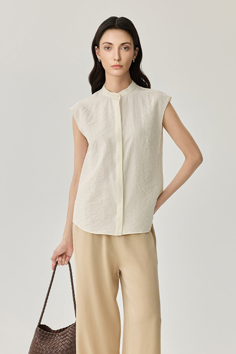 Textured Mulberry Silk Sleeveless Button-Down Shirt with Mandarin Collar