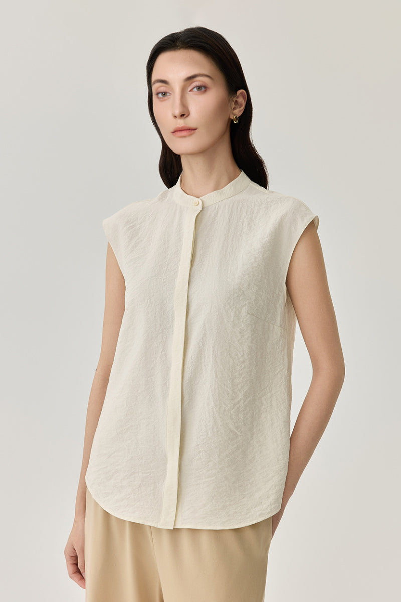 Textured Mulberry Silk Sleeveless Button-Down Shirt with Mandarin Collar