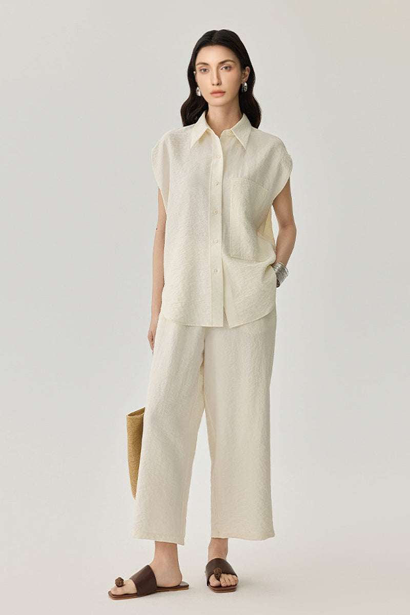 Textured Mulberry Silk Sleeveless Button-Down Shirt with Mandarin Collar