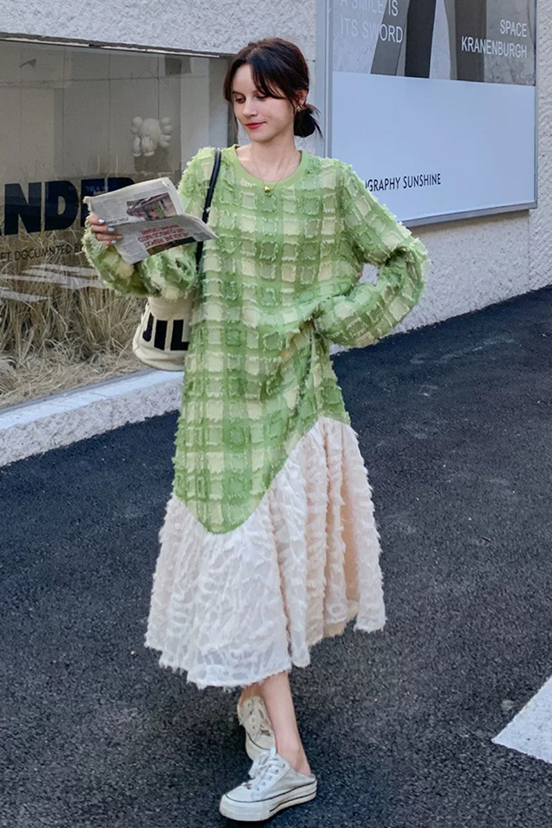 Textured Paneled Long Sleeve Checked Midi Dress