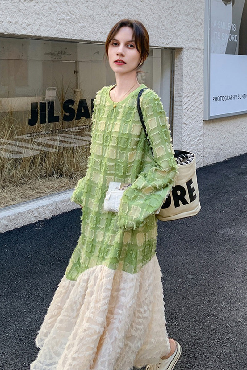 Textured Paneled Long Sleeve Checked Midi Dress
