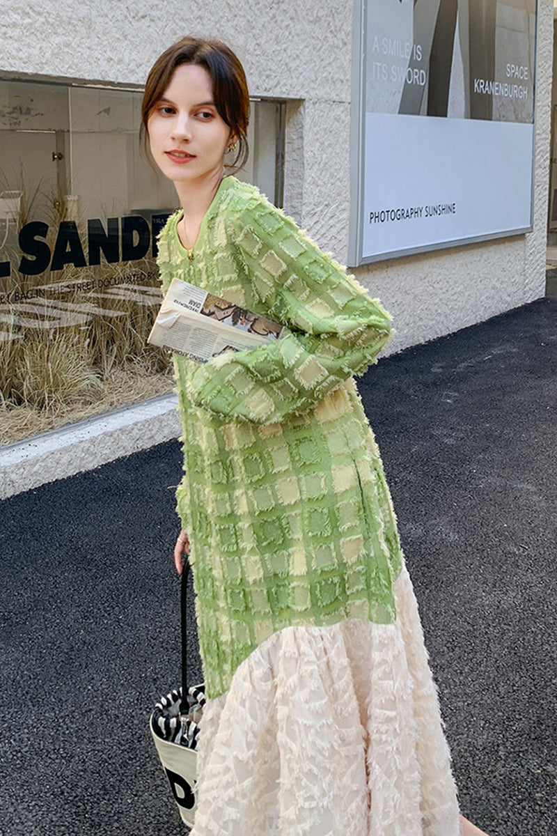 Textured Paneled Long Sleeve Checked Midi Dress