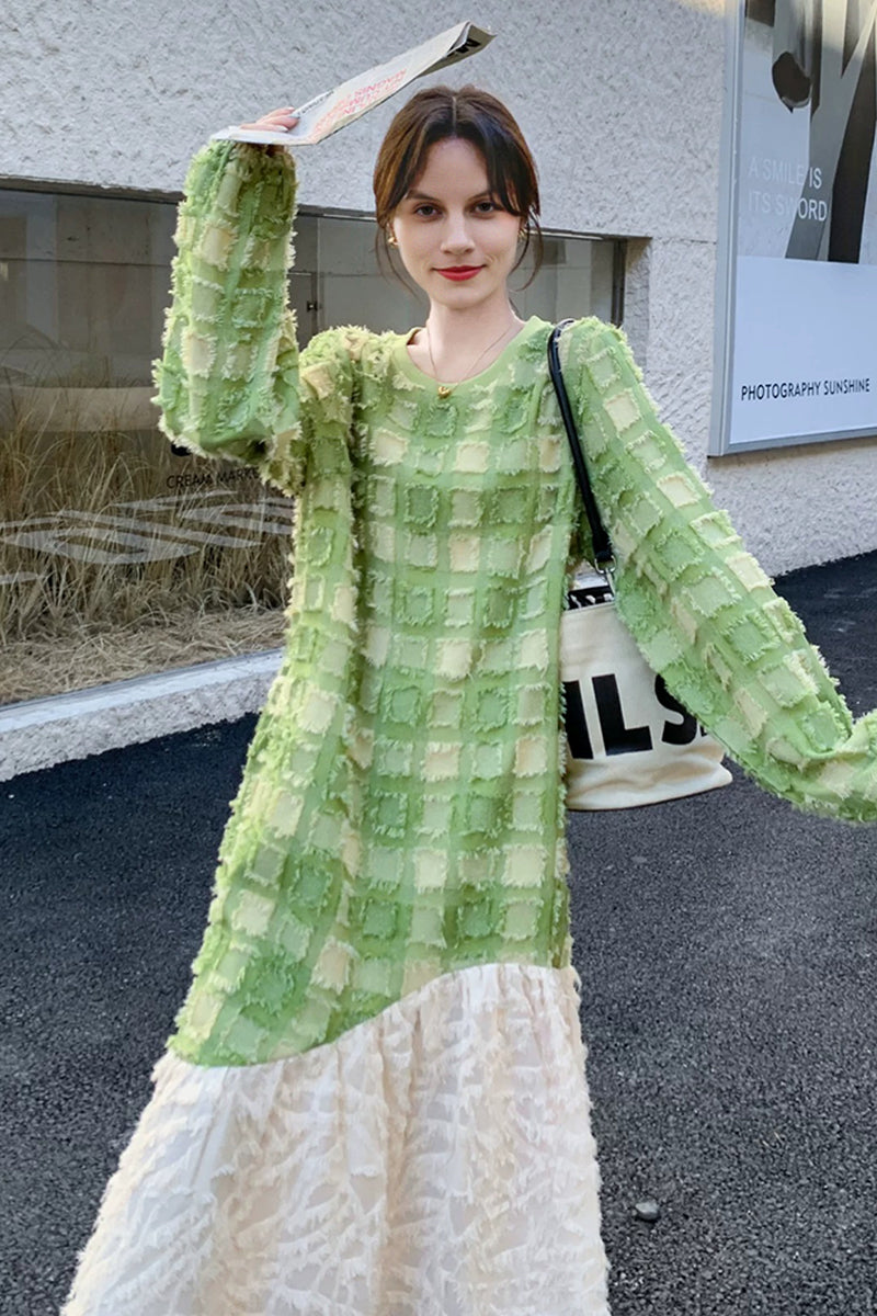 Textured Paneled Long Sleeve Checked Midi Dress