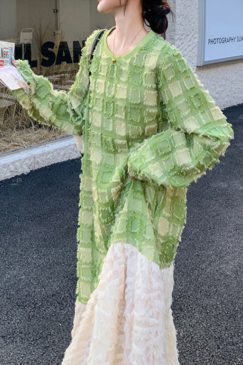 Textured Paneled Long Sleeve Checked Midi Dress