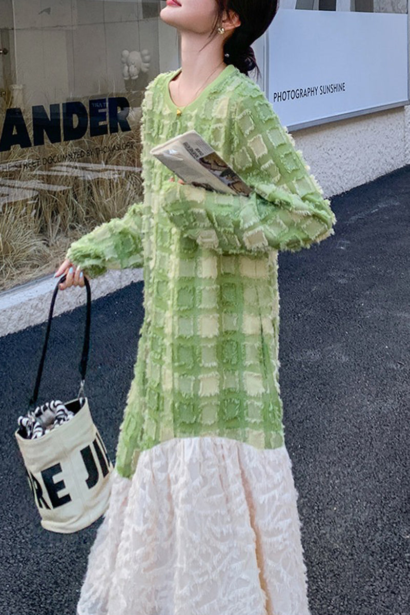 Textured Paneled Long Sleeve Checked Midi Dress