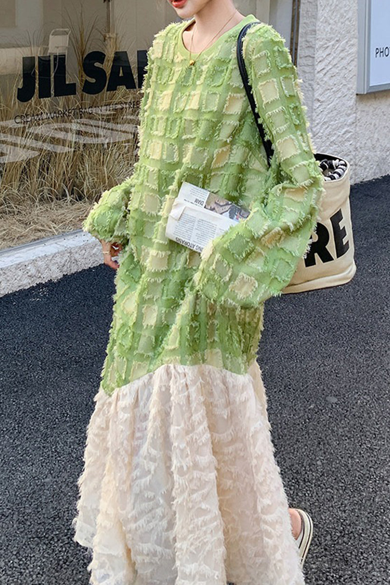 Textured Paneled Long Sleeve Checked Midi Dress