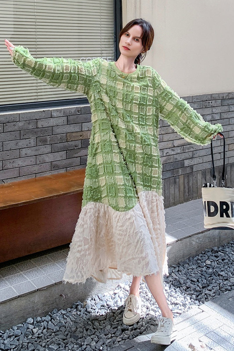 Textured Paneled Long Sleeve Checked Midi Dress