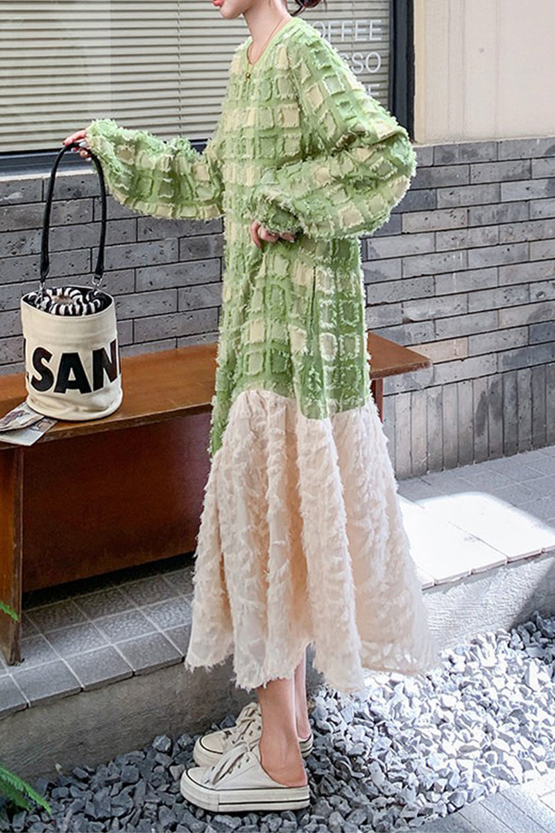 Textured Paneled Long Sleeve Checked Midi Dress