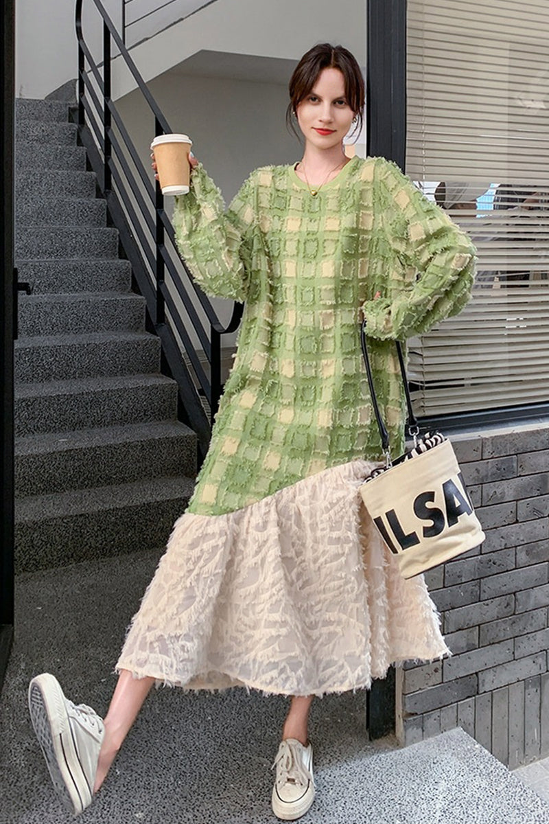 Textured Paneled Long Sleeve Checked Midi Dress