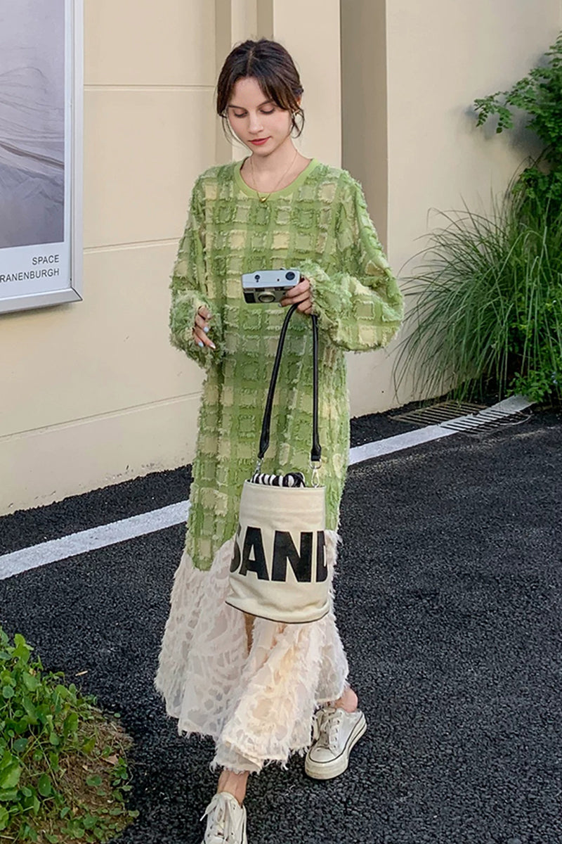 Textured Paneled Long Sleeve Checked Midi Dress