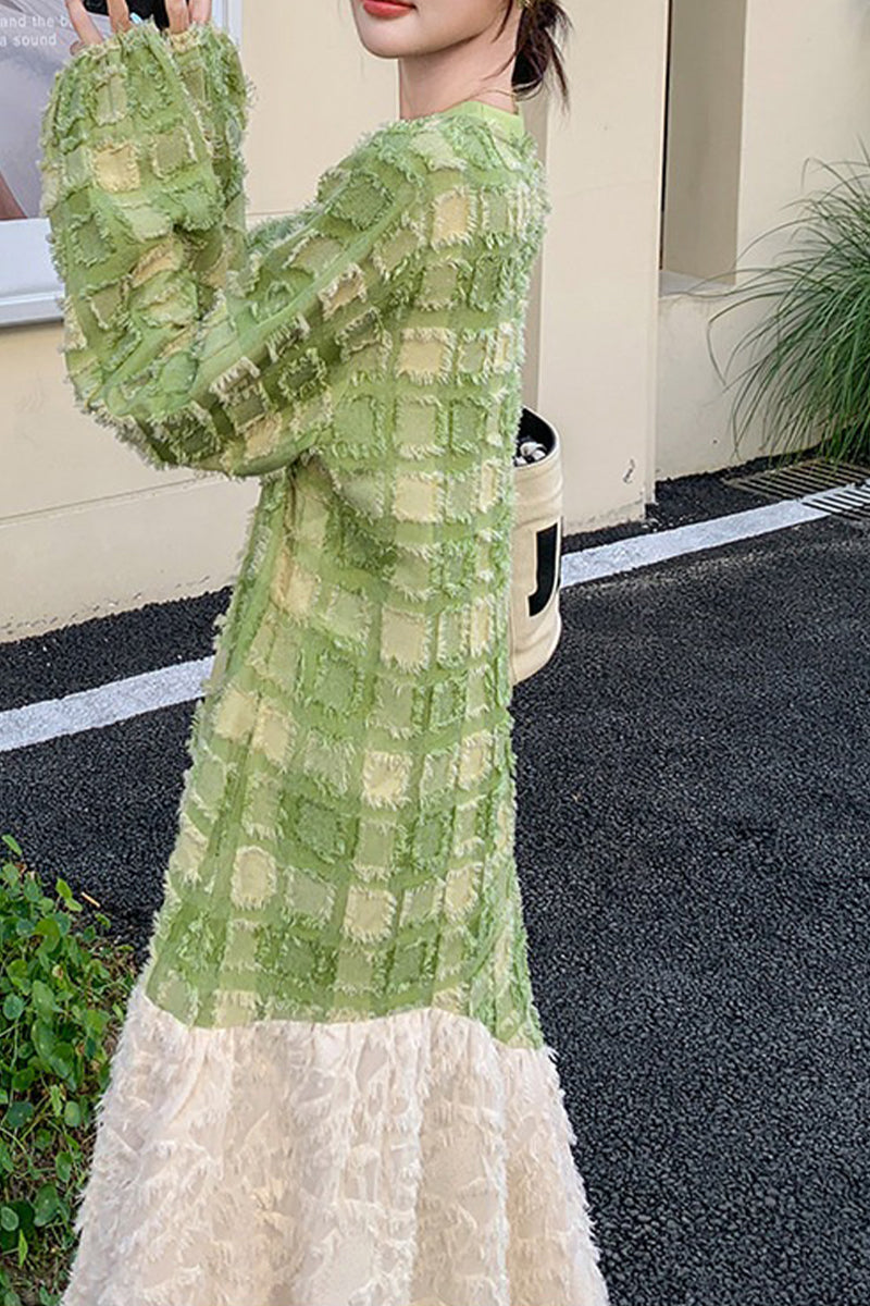 Textured Paneled Long Sleeve Checked Midi Dress
