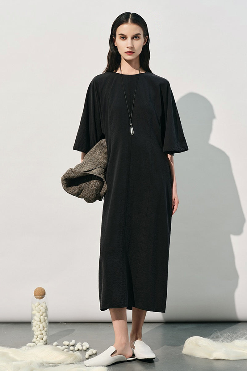 Textured Silk Puff Sleeve Midi Dress in Beige