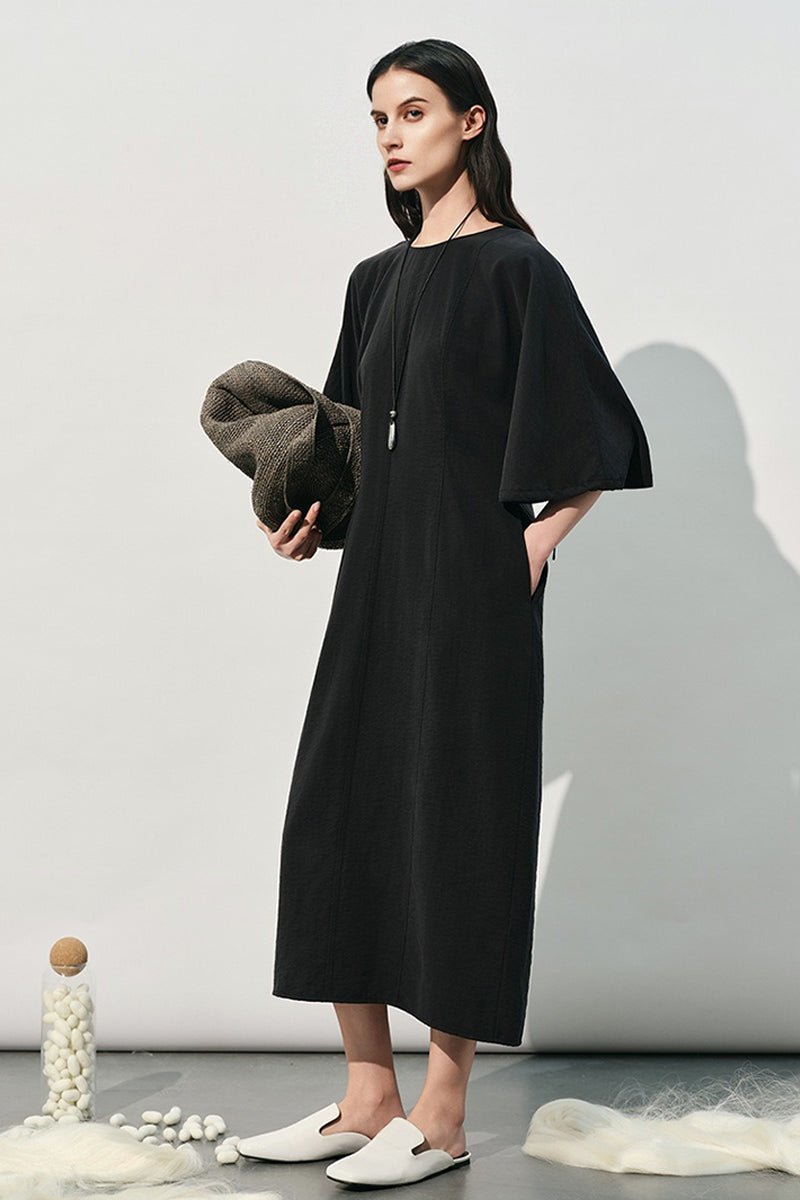 Textured Silk Puff Sleeve Midi Dress in Beige