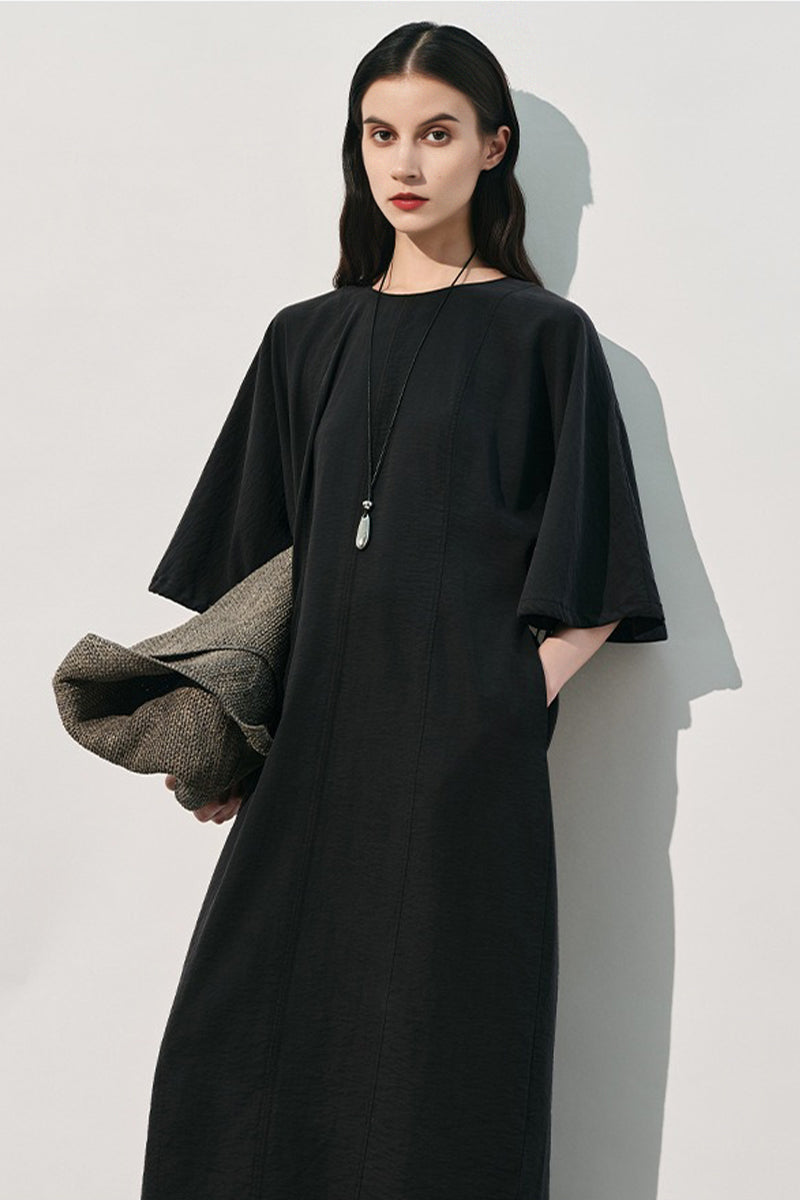 Textured Silk Puff Sleeve Midi Dress in Beige