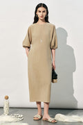 Textured Silk Puff Sleeve Midi Dress in Beige