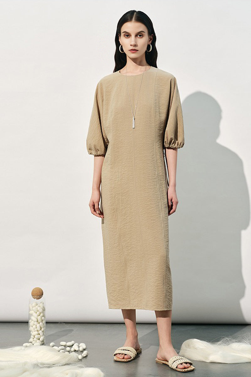 Textured Silk Puff Sleeve Midi Dress in Beige
