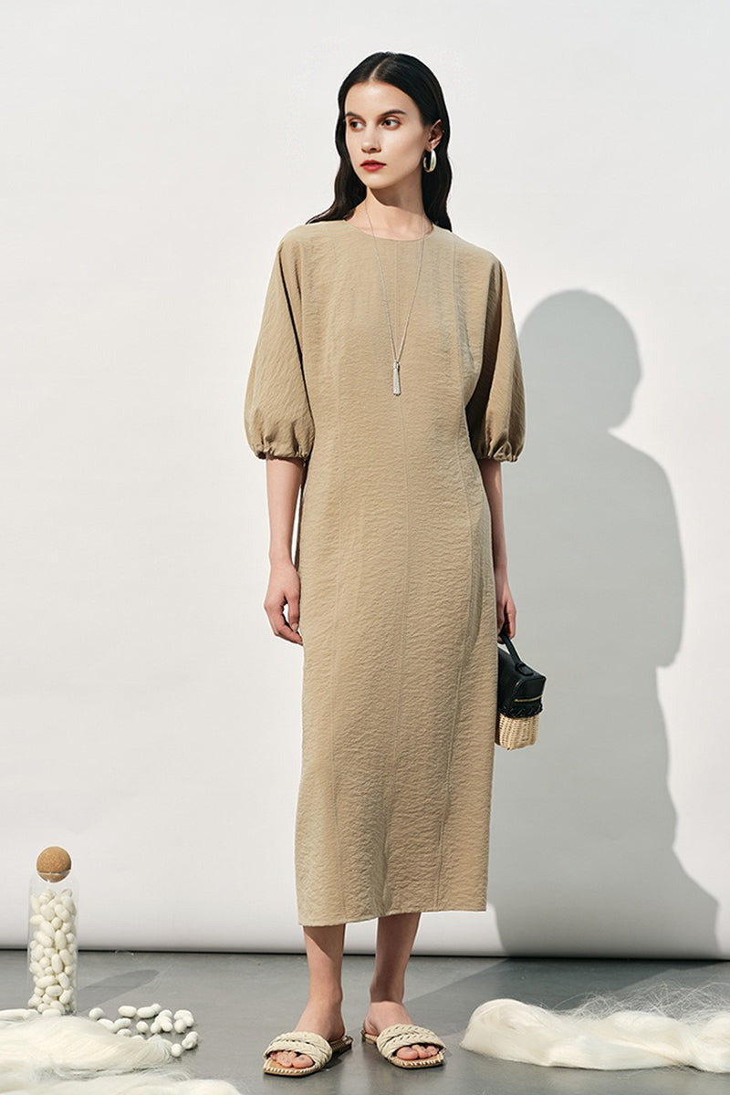 Textured Silk Puff Sleeve Midi Dress in Beige
